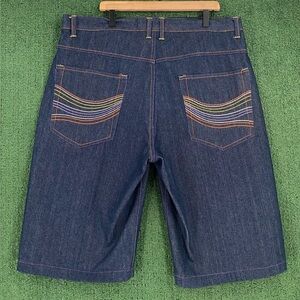 VTG Y2K Noiz Colorful Embroidered Dark Denim Baggy Jean Shorts Jorts Men’s SZ 40